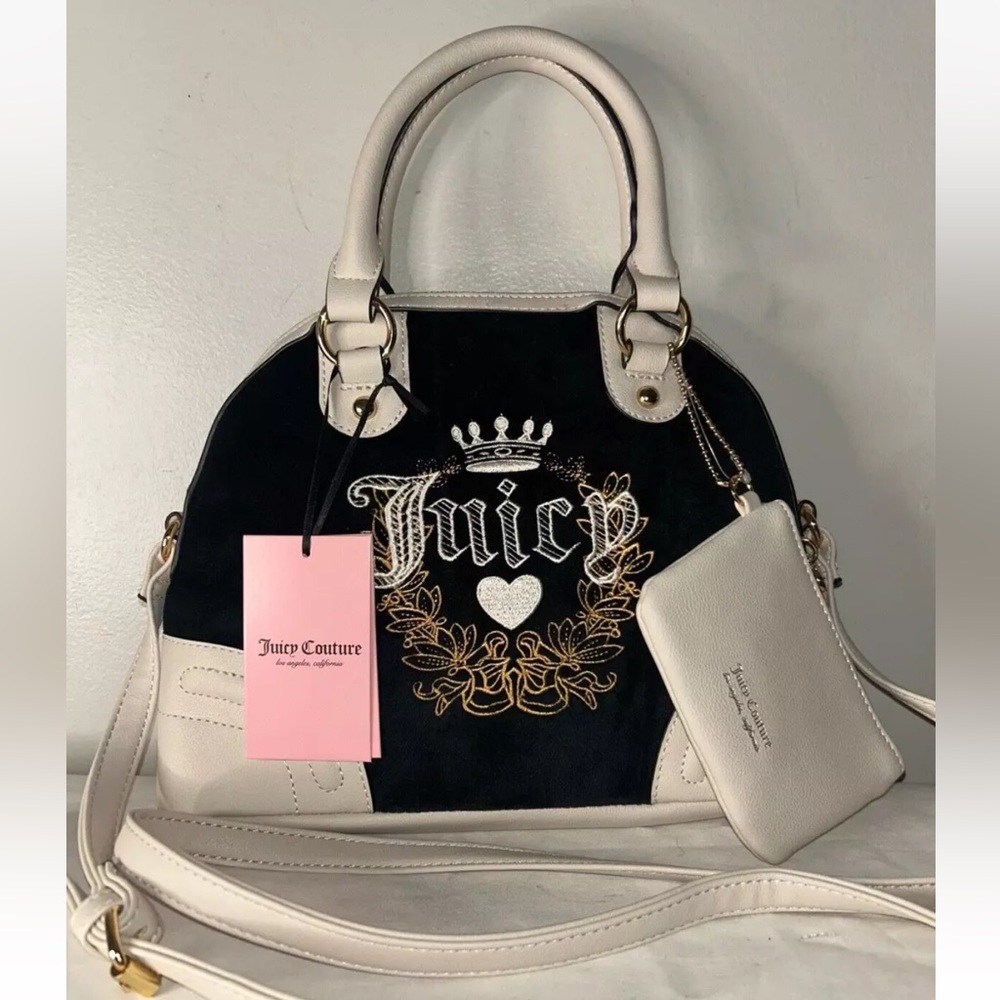 NEW! NWT JUICY COUTURE Heritage Velour Satchel Bag Black Liquorice/Crystal